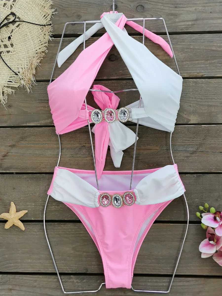 Luxury Rhinestone Bikini Set Women Blue Patchwork Cross Diamond High Waist Swimsuit 2024 Beach Bathing Suit Swimwear BiquiniXJ241223