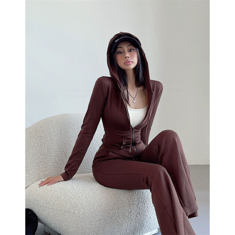 Two Piece Womens Clothing Casual Suit Solid Color Slim Fit Zipper Hoodie Y2k Fashionable High Waist Slimming Flared Pants