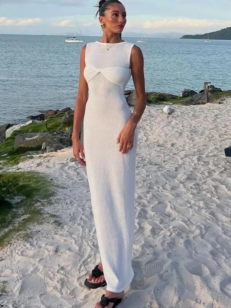 Fantoye Knitted Round Neck Ruched Women Maxi Dress Pink Sleeveless See Through Dress Femme Summer Skinny Elegant Party Beachwear 241223
