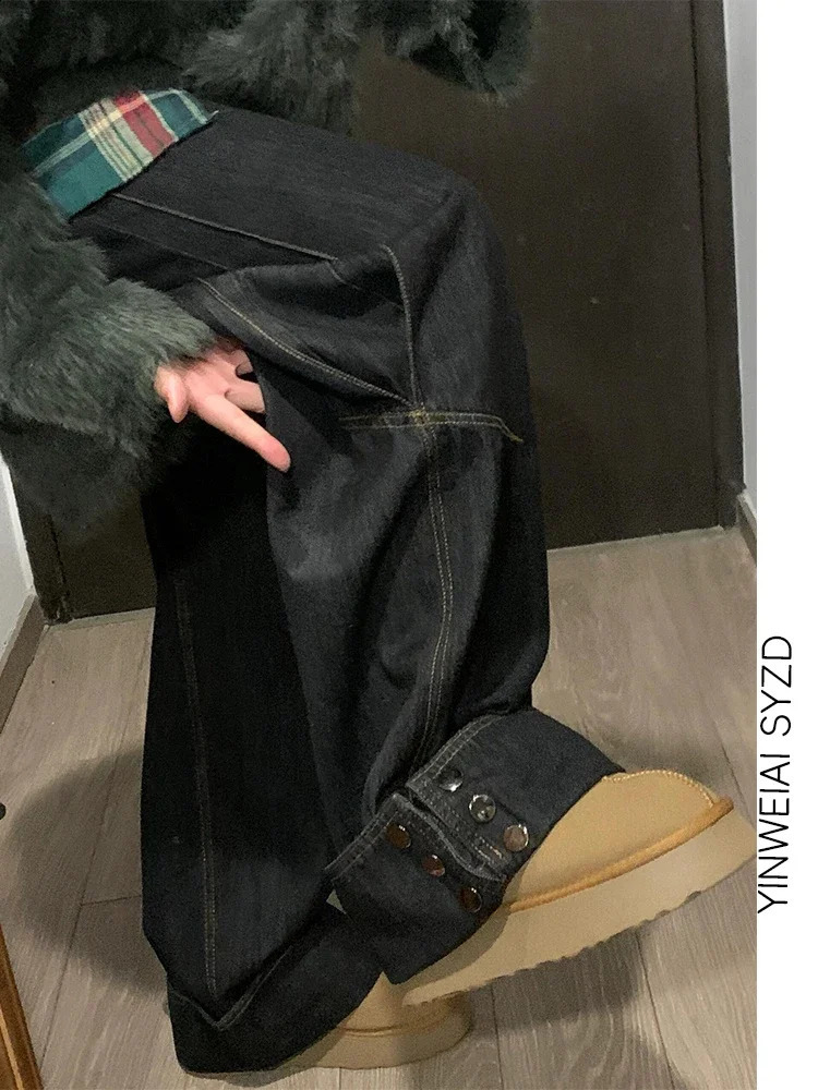 Black High Waist Women Jeans Hip-hop Fashion Vintage Streetwear Y2K Wide Leg Jean Female Trouser Baggy Gradient Denim Pants 241223