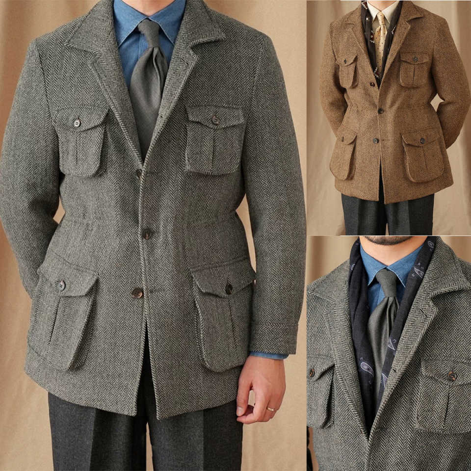 Vintage Wedding Tuxedos Herringbone Wool Blends 1 Piece Set Coat Notched Lapel Men Suits Single Breasted Groom Wear Party Event Customized