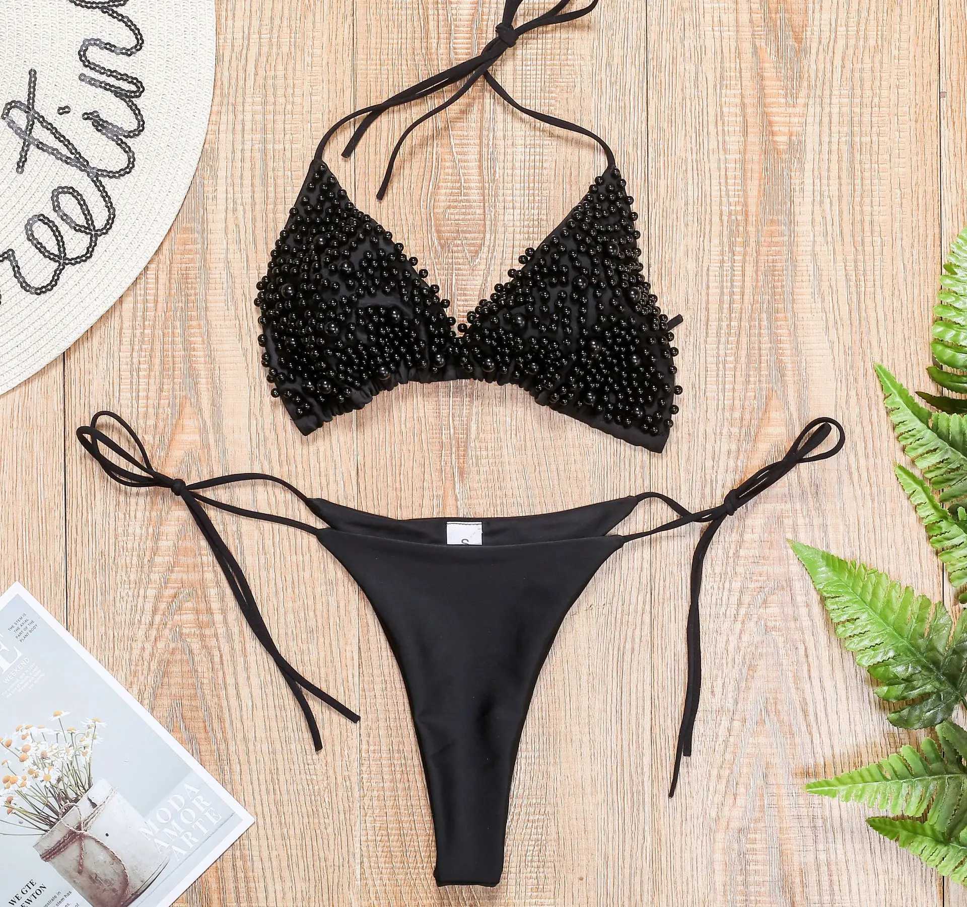 Sexy Micro Bikini Women Solid Black White Pearl Designer Swimsuit 2022 Luxury Beach Push Up Bathing Suit Thong Swimwear BiquiniXJ241223