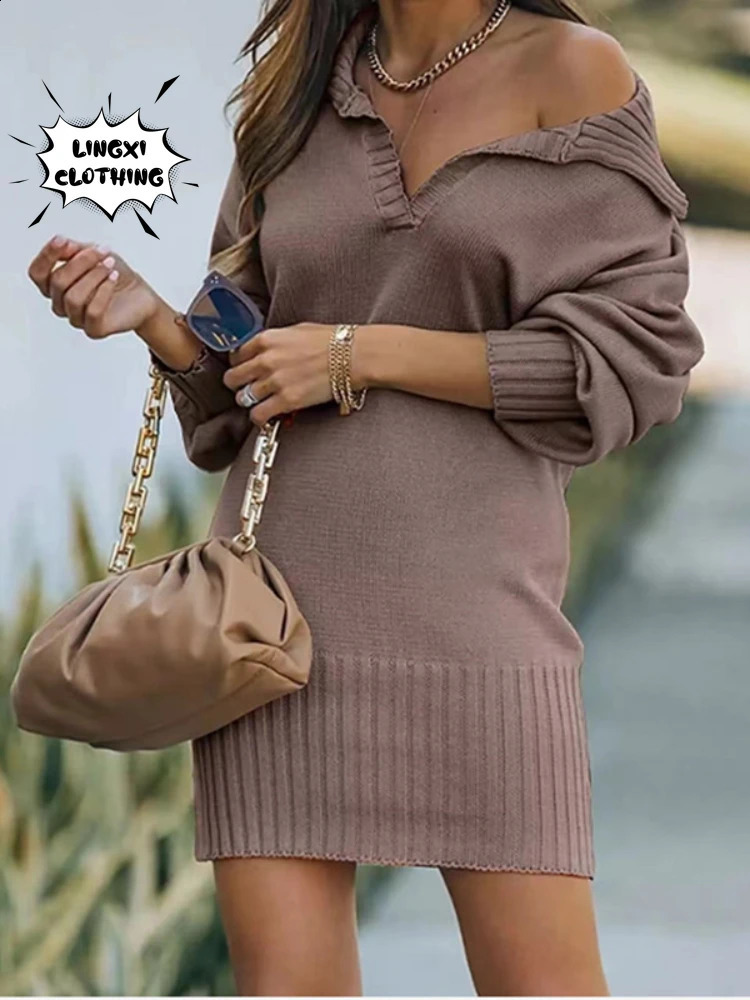 Autumn and Winter Fashion Womens Knitted Hip Skirt Elastic Elegant Sexy Polo Party Sweater Pullover Long Dress 241218