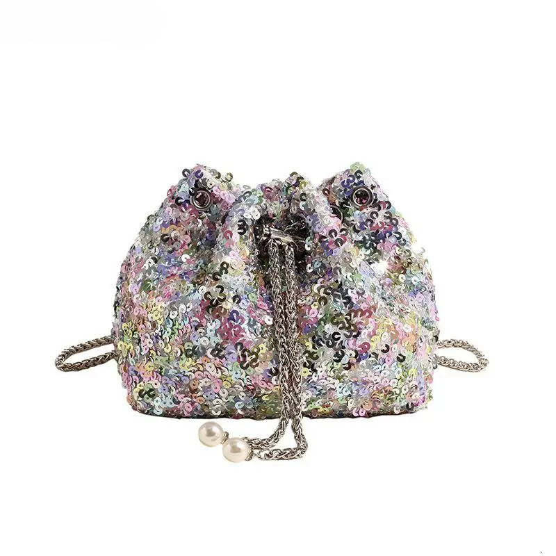 Banquet Sequin Shoulder Bag Fashion Bucket Shiny Handbags Gold Sier Underarm Chain Crossbody Bags For Women Girl