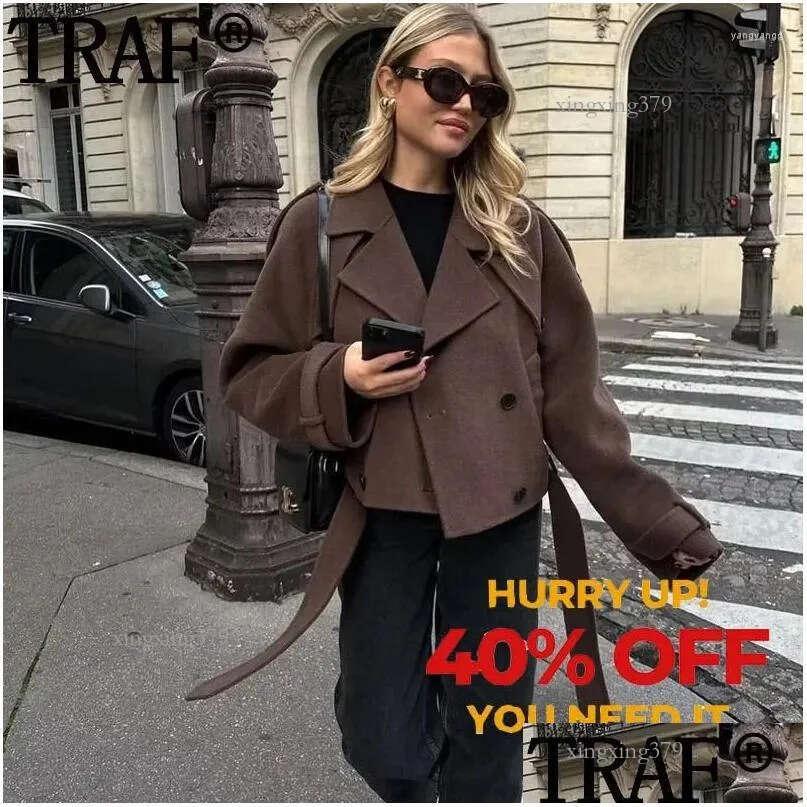 Womens Jackets Woman Trench Coat Double Breasted Brown Cropped Jacket Autumn Winter T For Women Long Sleeve Short Coats Drop Delivery Otpcg