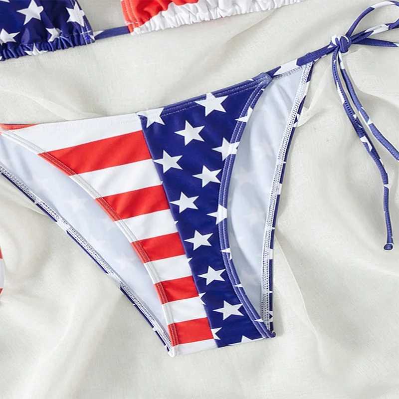 2 Pcs/Set Bikini Set Sexy Bikinis 2024 Lace-up Bikini Swimsuit Womens High Sense American Flag Print Beach Bikini Spa SwimsuitXJ241223