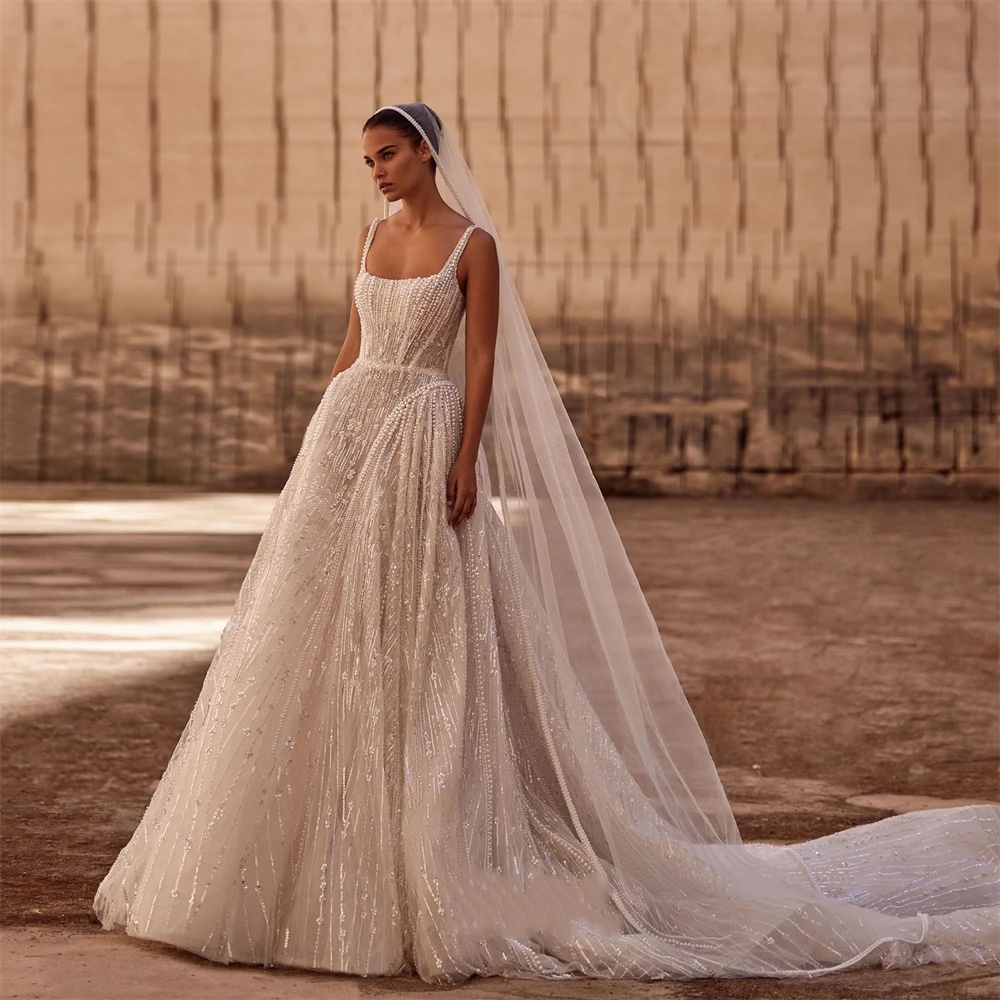 Gorgeous Bridal Dress Sequins Pearls Wedding Square Neck Sleeveless A e Gown Sweep Train Customized Dresses Vestido De Novia