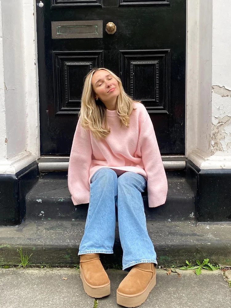 Women Sweaters Knit Basic Pullover Long Sleeve Round Neck Solid Spring Streetwear Knitwear Loose Elegant Jumper Female Tops 241223
