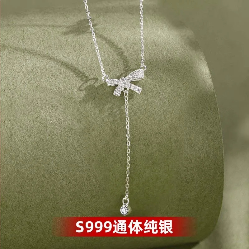 Niche S999 sterling silver bow necklace womens light tassel clavicle chain gift 241220