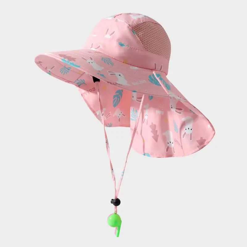 Caps Hats UV resistant childrens summer baby sun hat bucket hat with whistle suitable for girls boys outdoors neck earmuffs beach hat H241223