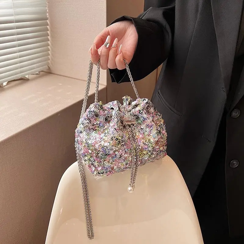 Banquet Sequin Shoulder Bag Fashion Bucket Shiny Handbags Gold Sier Underarm Chain Crossbody Bags For Women Girl