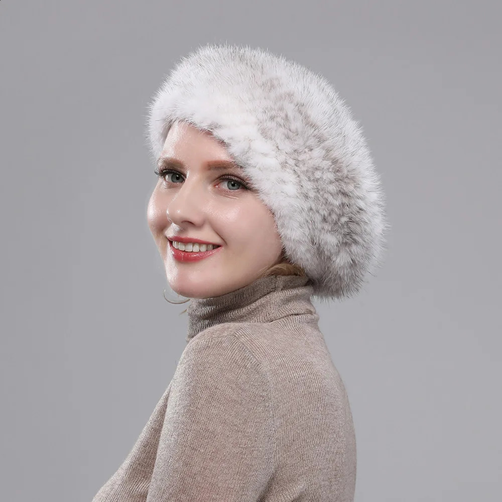 Real Mink Fur Berets Elegant Womens Winter Caps n Fashion Fur Hats Knitted Warm Natural Mink Fur Beanies Hat 241214