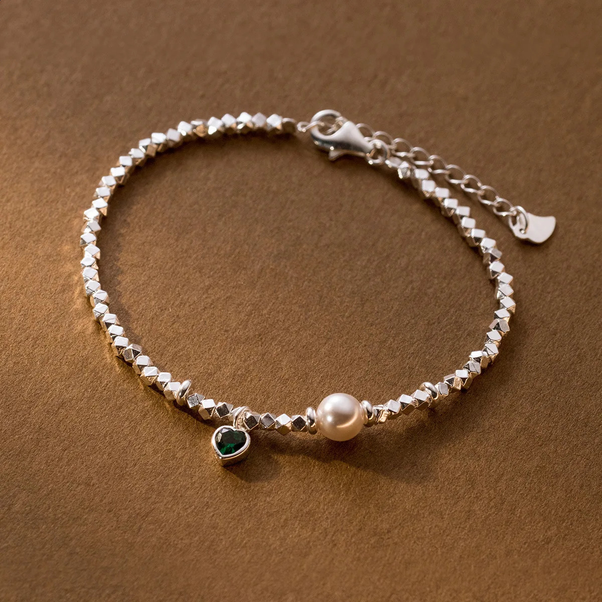 164cm Synthetic Pearls Bracelets For Women Silver 925 Sterling Green Heart Square Silver Bead 925 Silver Womens Bracelet 241220
