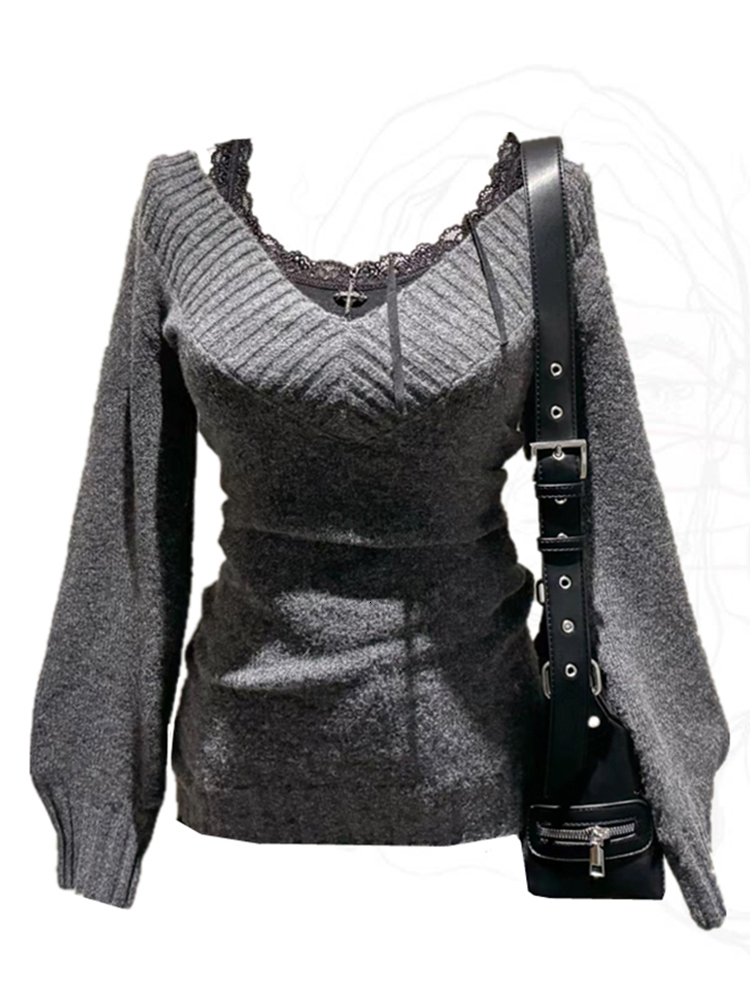 Autumn Winter Woman Gyaru Coquette V-Neck French Vintage Sweater Long Sleeve Pullovers Knitwears 2000S Aesthetic Old Money Thick