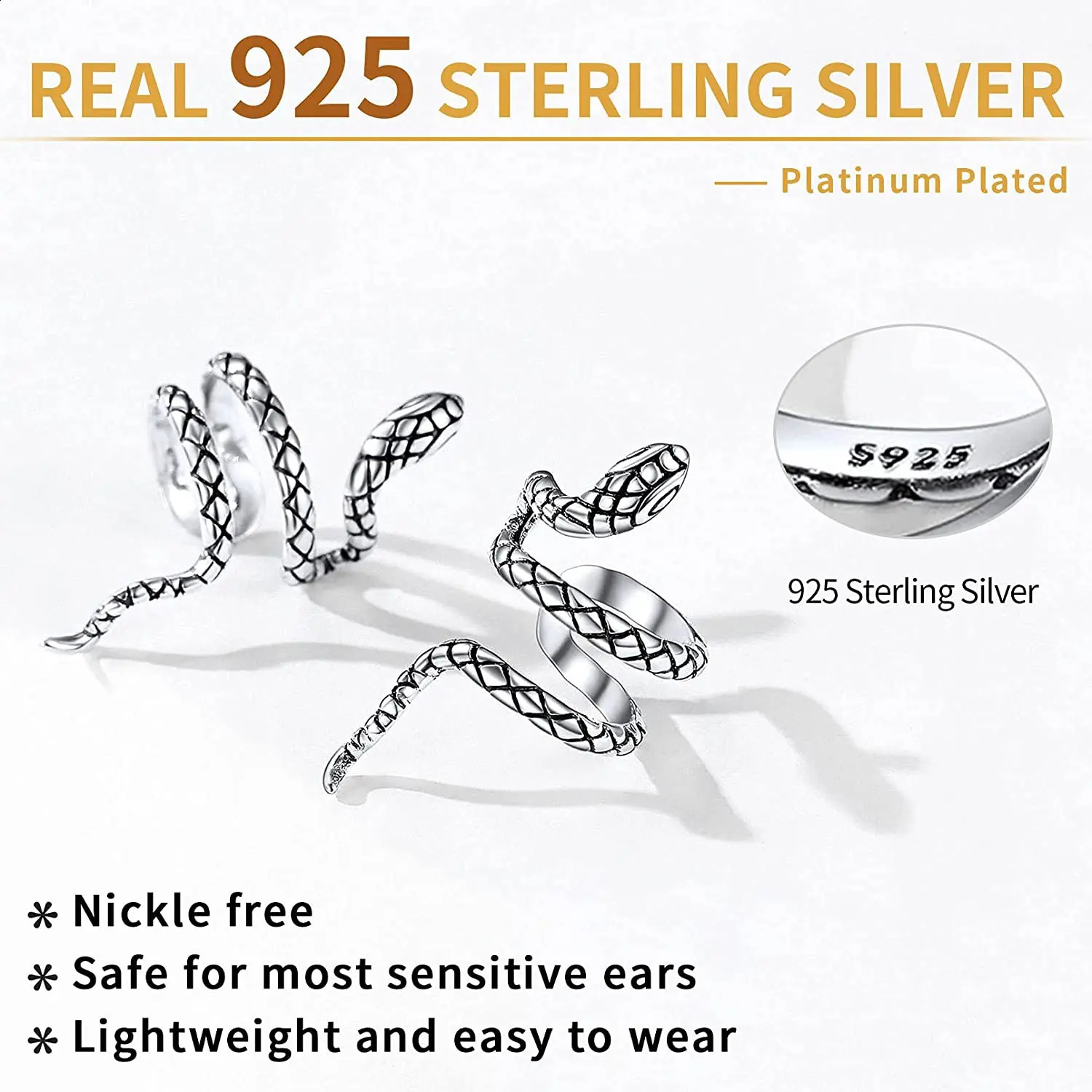 S925 Sterling Silver Snake Ear Cuff Helix Cartilage Clip on Earrings Non Piercing Earrings for Women CP541 241220