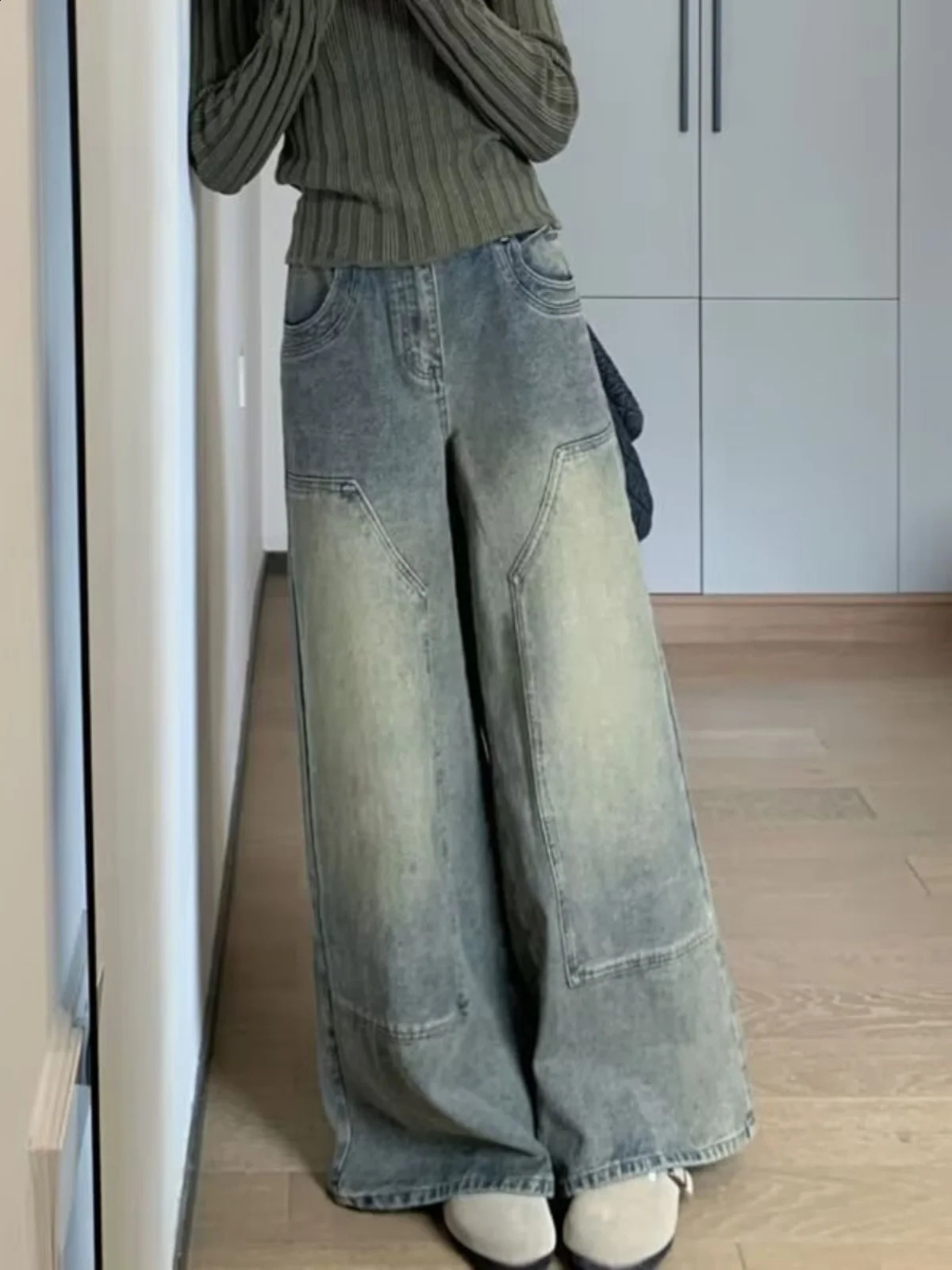 Blue Womens Jeans High Waist Vintage n Hip Hop Straight Baggy Denim Pants Street Y2K American Style Wide Leg Trouser 241218