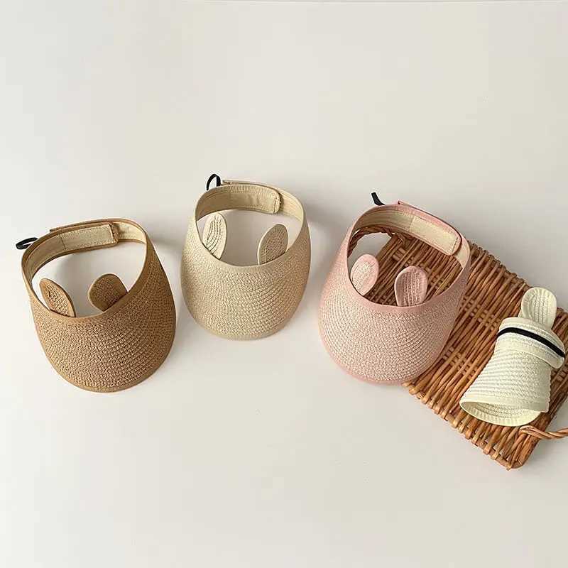 Caps Hats Cute bear ears empty top hat baby straw hat childrens long Brim sunshade childrens adjustable summer beach hat boys and girls props H241223
