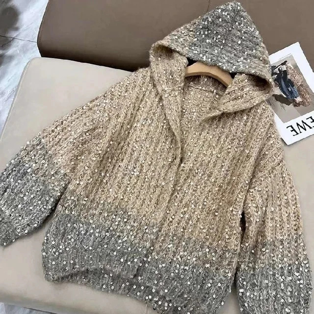 Women Fashion Gradual Sequin Knit Cardigan Elegant Loose Lantern Sleeves Zipper Sweater 2024 Autumn Winter Female Knitwear Tops 241220