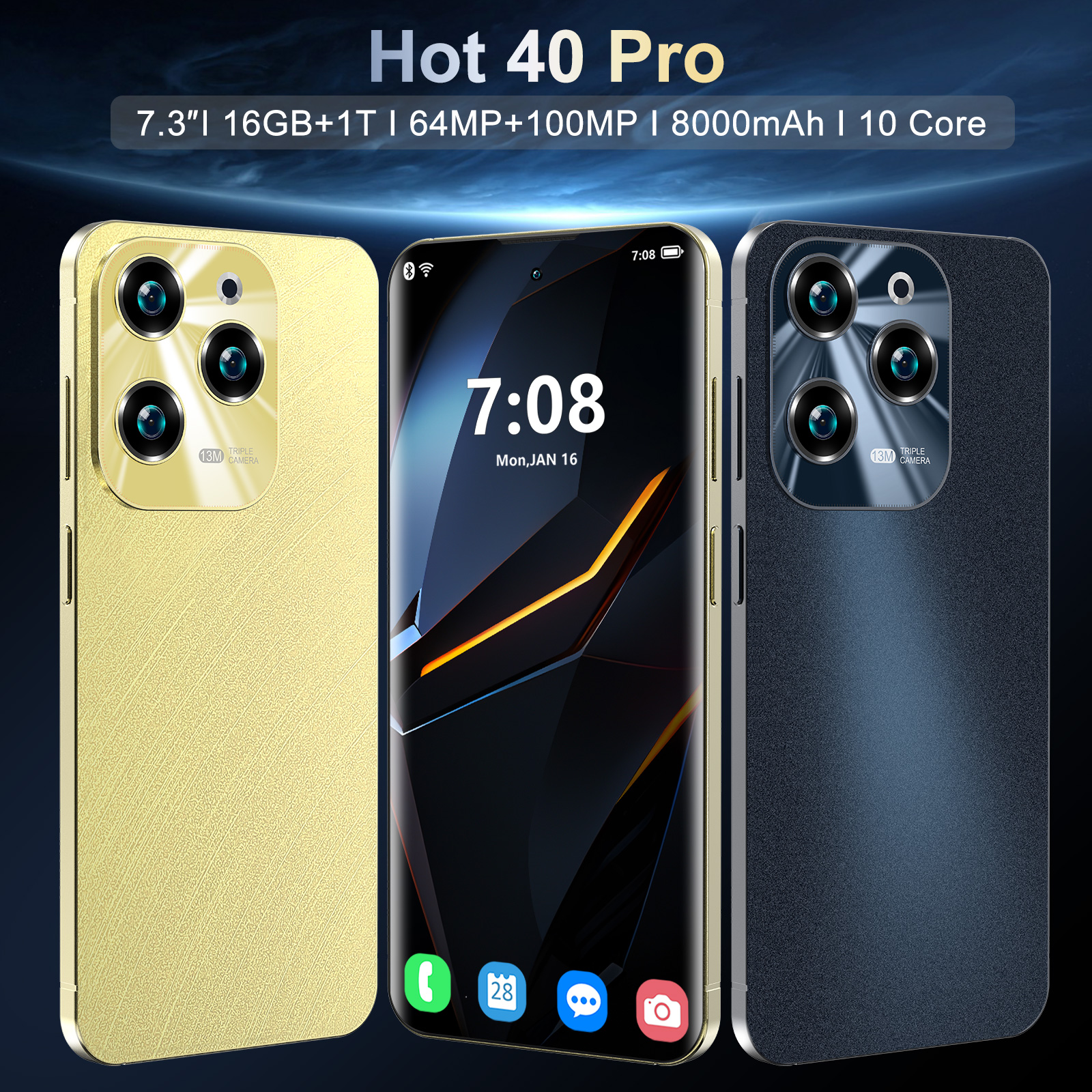 Hot 40 Pro 5G Phone 7.3 inch HD Screen Android 13, Qualcomm 8 Gen 2 CPU,16GB+1TB Cell Phone,64MP+100MP Camera Pixels, 8000mAh Battery, 5G Dual SIM Car