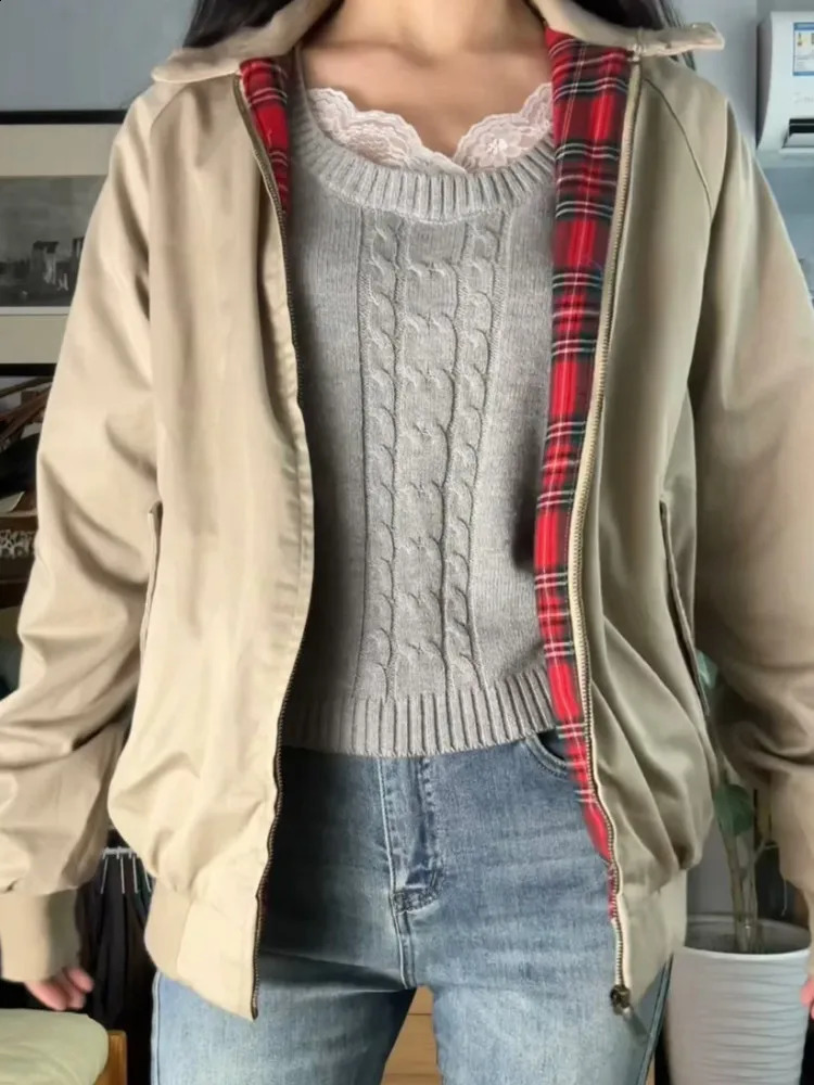 Casual Women Red Checkered Lining Jacket Coats Fall Retro Stand Collar Long Sleeves Solid Color Jakcets Female Chic Outwear 241223