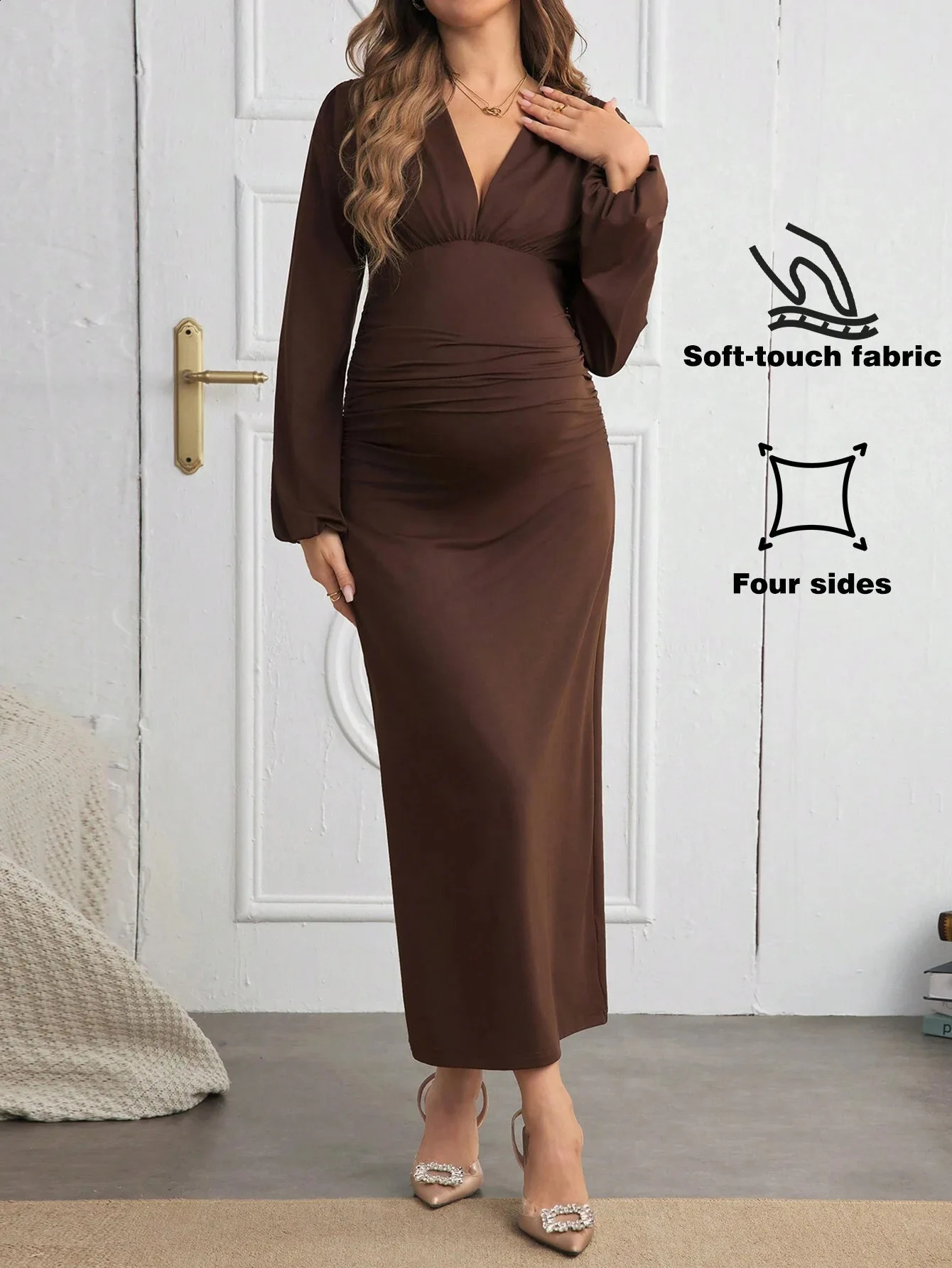 Casual Long Sleeve Dresses For Pregnant Women Spring V-Neck High Waist Poshoot Dress Maternity Maxi Boho Vestidos Clothes 241223