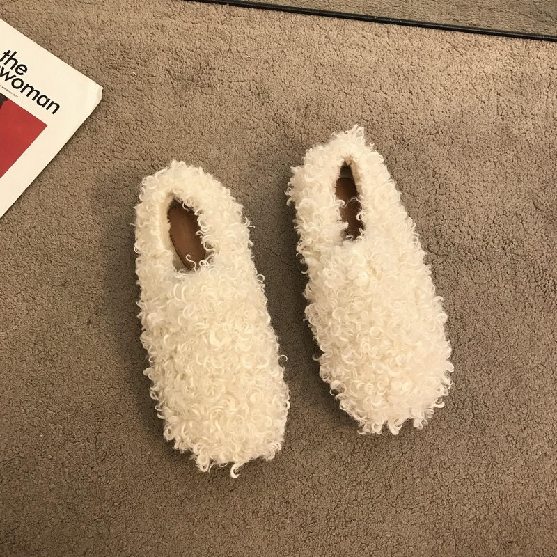 8e2ec 2023 Winter Fur Flat shoes woman round toe warr plush cotton moccasins female lambwool flats slip on furry loafers