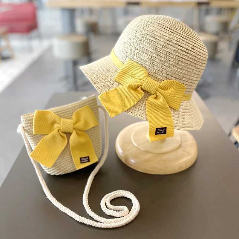 Caps Hats 2-8 year old childrens sun hat girl summer new rice straw bag set baby travel protection beach fisherman H2412238YFM