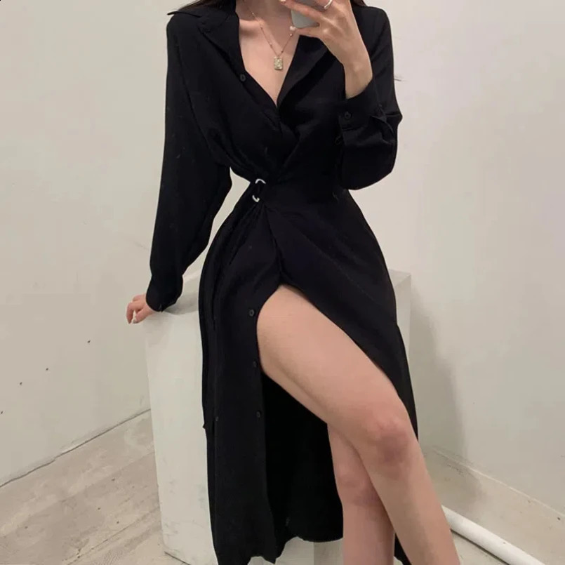 Elegant Spring and Autumn Polo Collar Single Breasted Lace Up Waist Slimming Long Sleeved Shirt Dress for Women 241218