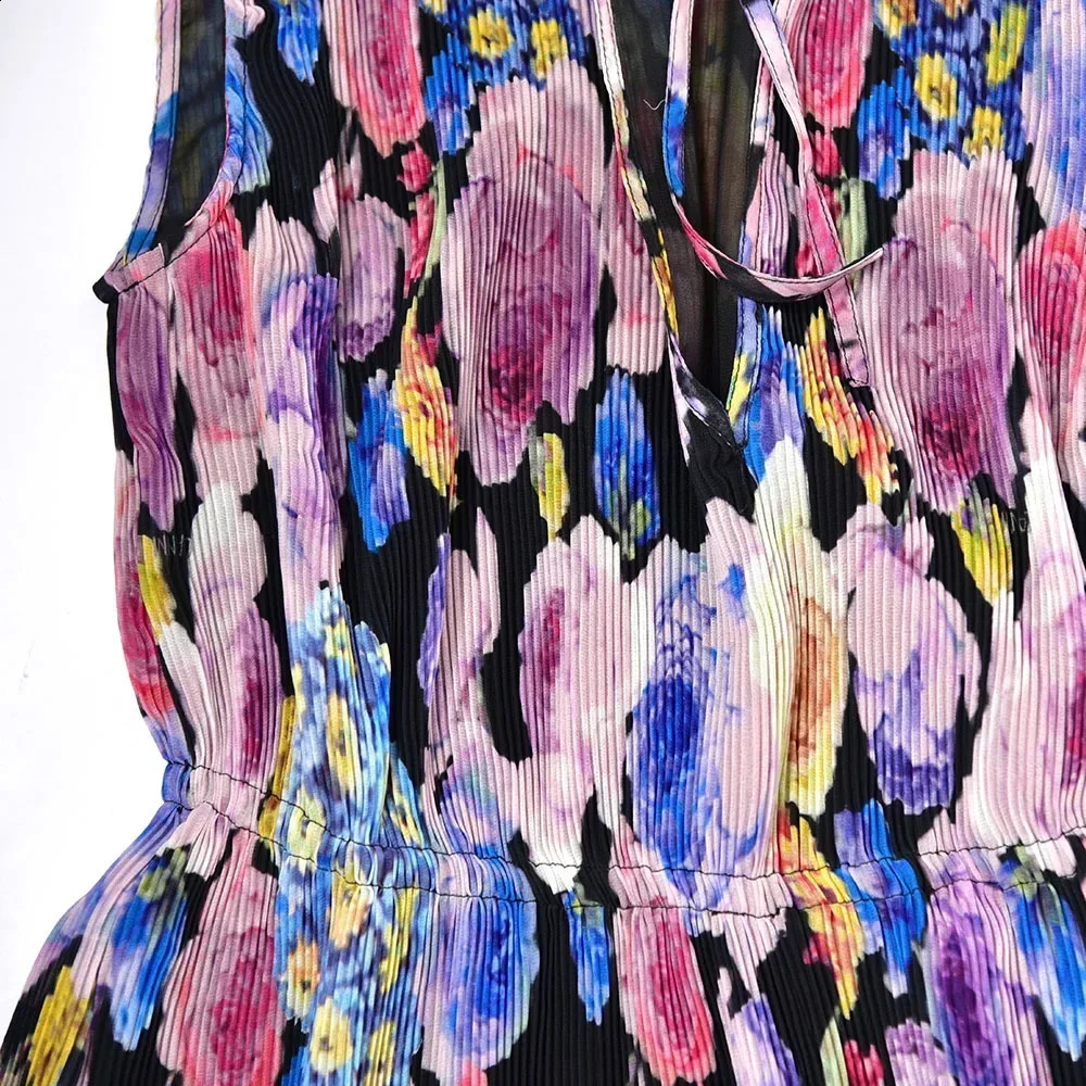 Spring and Summer Laceup Smudged Printed Elastic Waist Sleeveless Blouse Women Shirt Tops 241218
