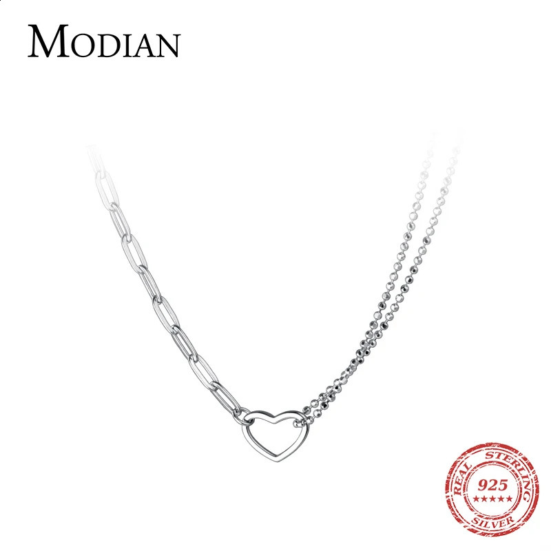 MODIAN Genuine 925 Sterling Silver Exqusite Asymmetric Hearts Fashion Pendant Silver Chain Necklace For Women Fine Jewelry Gift 241220