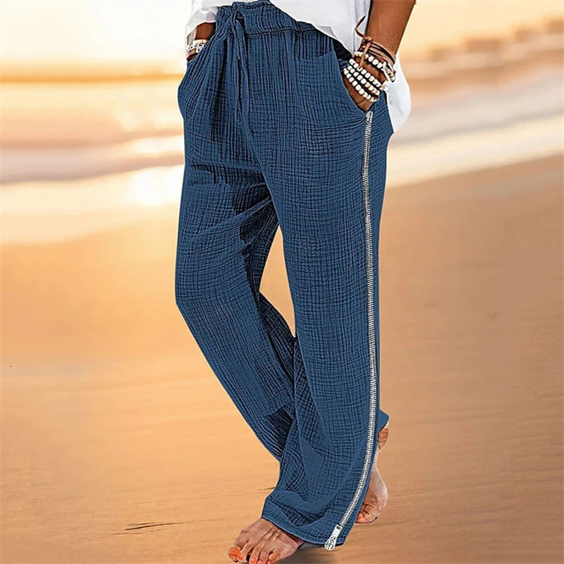 Retro mens pleated cotton linen casual pants drawstring side zipper elastic waist comfortable and breathable beach mens straight pants 241219