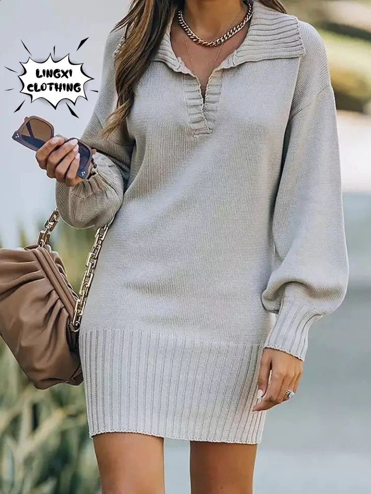 Autumn and Winter Fashion Womens Knitted Hip Skirt Elastic Elegant Sexy Polo Party Sweater Pullover Long Dress 241218