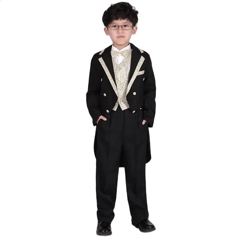 England Style Tuxedo Suits Boys Clothes Set Kids Formal Wedding Blazer Swallow-tailed Coat Kids Party Bow Tie Clothing 5PCS/Set 241223