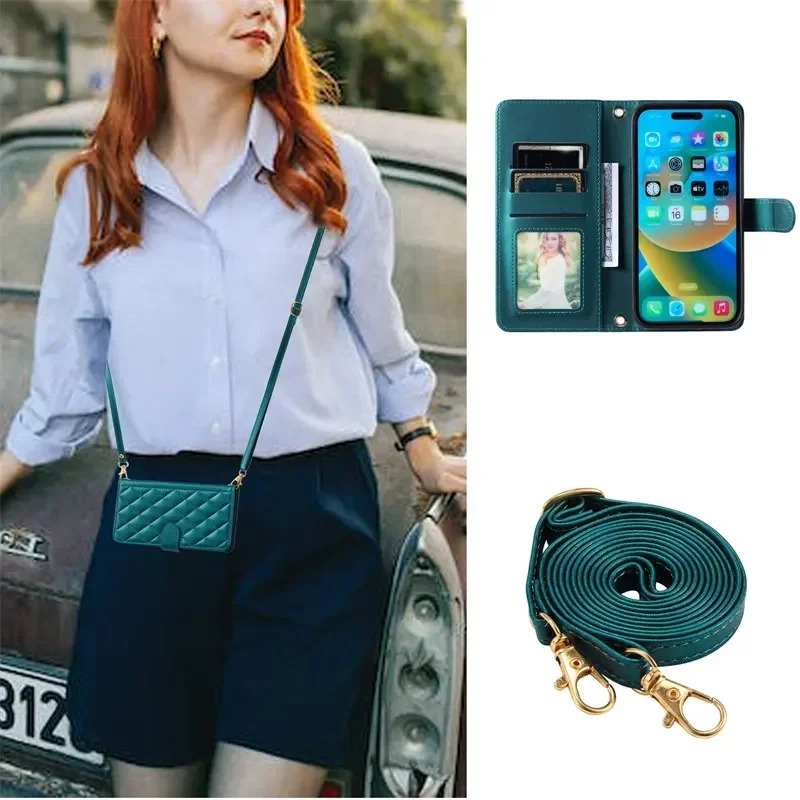 Long Lanyard Leather Wallet Card Phone Case For Iphone 16 15 14 Pro Max 13 12 11 X XS XR SE 2022 8 7 Plus Holder Cover Coque