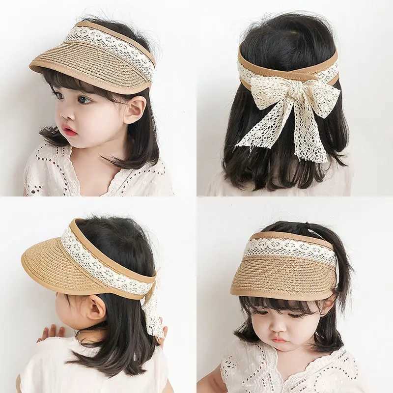 Caps Hats Summer childrens empty top sun hat wide Brim straw hat suitable for children and girls lace bow adjustable sun hat H241223