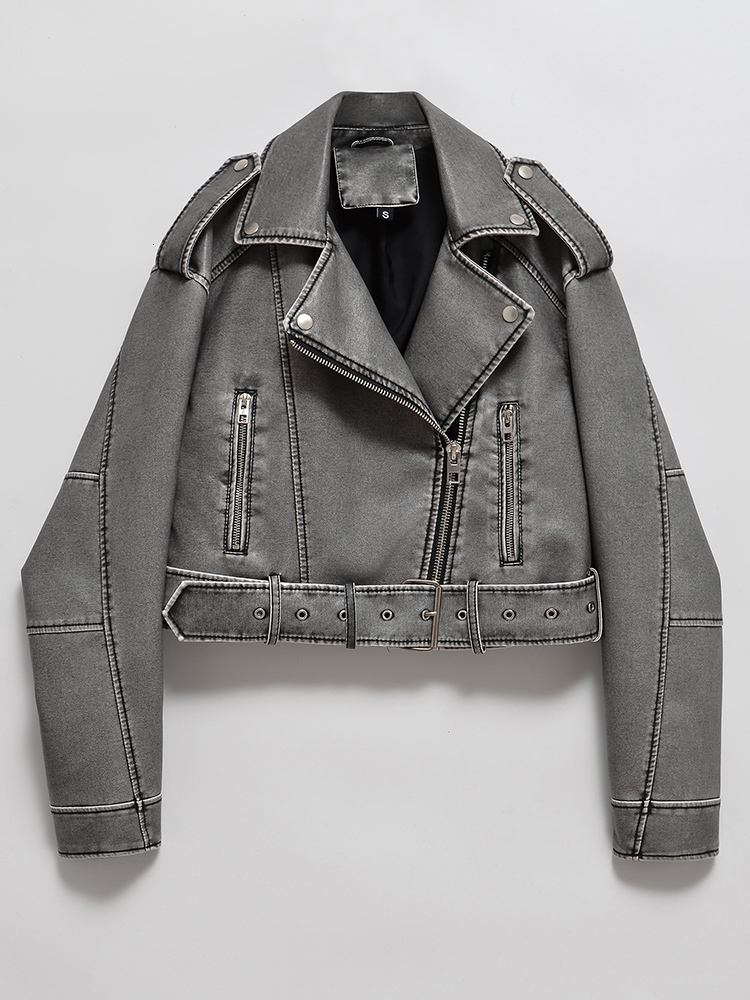 Aigo Women Vintage Loose Washed Faux Leather Short Jacket Streetwear Female Zipper Belt Moto Biker Retro Coat Outwear Tops