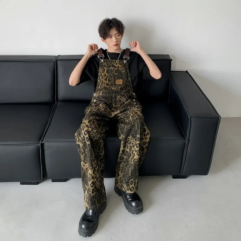 2024 American Style Vintage Loose-Fit Straight-Leg Workwear Sensibility Leopard Slipsbib Pants High Street Trendy Jeans For Men 241223