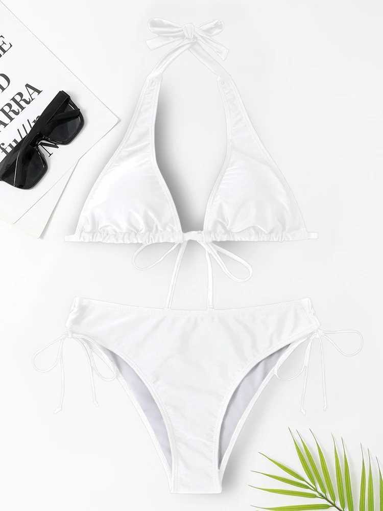 OIINAA Swimwear Women Sexy Halter Solid Bikini Set Drawstring Lace Up Swimsuit Bow Tie Biquinis Two-piece Bathing Suit SummerXJ241223