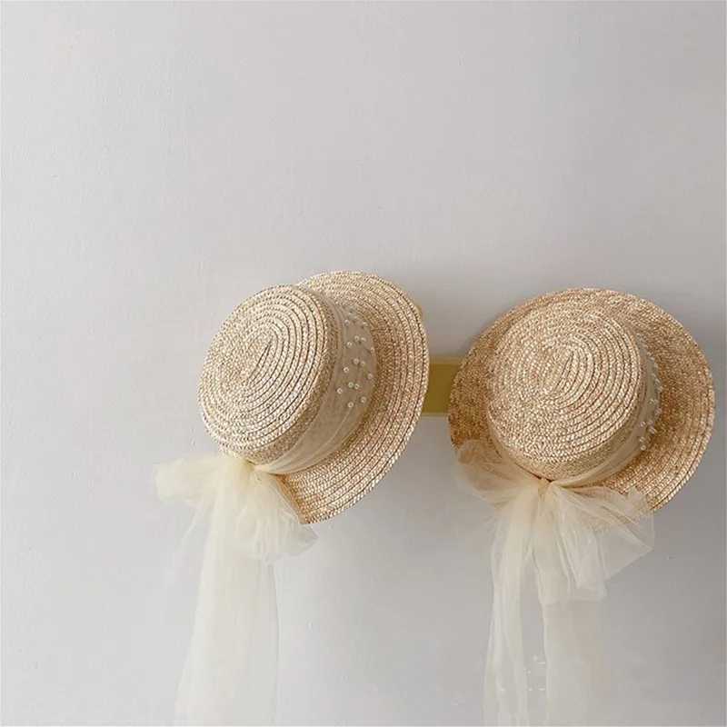 Caps Hats Elegant and fashionable mother daughter Sunhats lace mesh pearl hat outdoor beach Sunprotection summer straw hat for adults and girls H24122