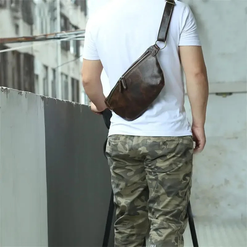 Real Leather Wait Bag Summer Outdoor Walking Bag Portable Waist Packs Crazy horse leather male fanny pack sling bag chest bag 241223