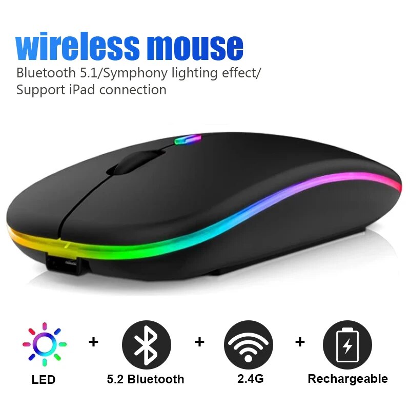 Wireless Mouse RGB Rechargeable Bluetooth Mice Wireless Computer Mause LED Backlit Ergonomic Gaming Mouse for Laptop PC1600DPI