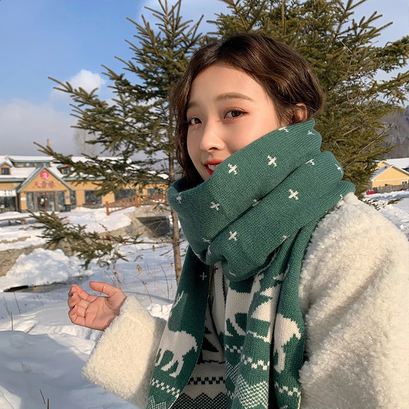 Winter Warm Scarf For Women Men Deer Elk Double-Sided Knitted Scarves Fashion Versatile Woolen Shawl Christmas Present 241223