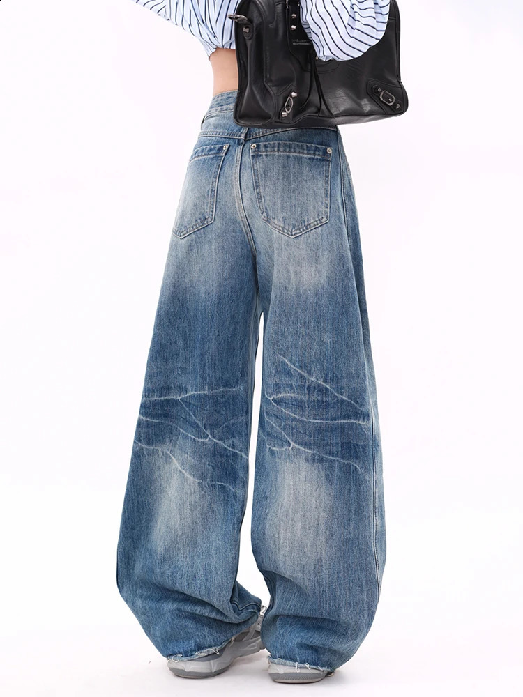 WCFCX STUDIO American Retro Washed Jeans Autumn Winter Loose Straight Trousers Fashion Casual Versatile Wide Leg Pants 241218
