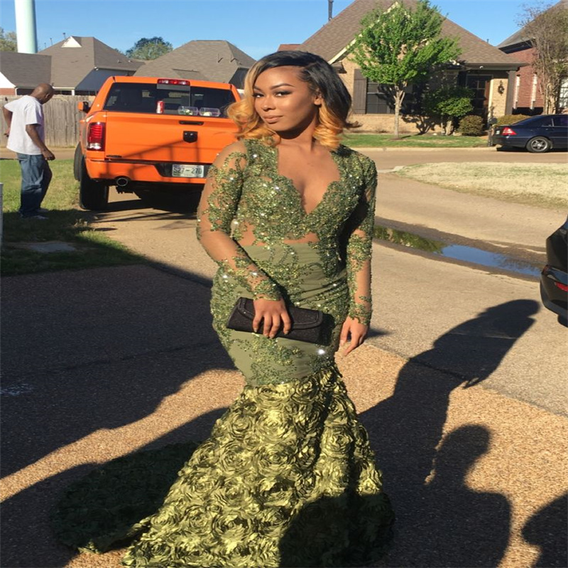 Beautiful Green Prom Dresses With 3D Florals Elegant V Neck Mermaid Evening Dress Long Sleeve Black Women Formal Gown African Nigeria Special Occasion