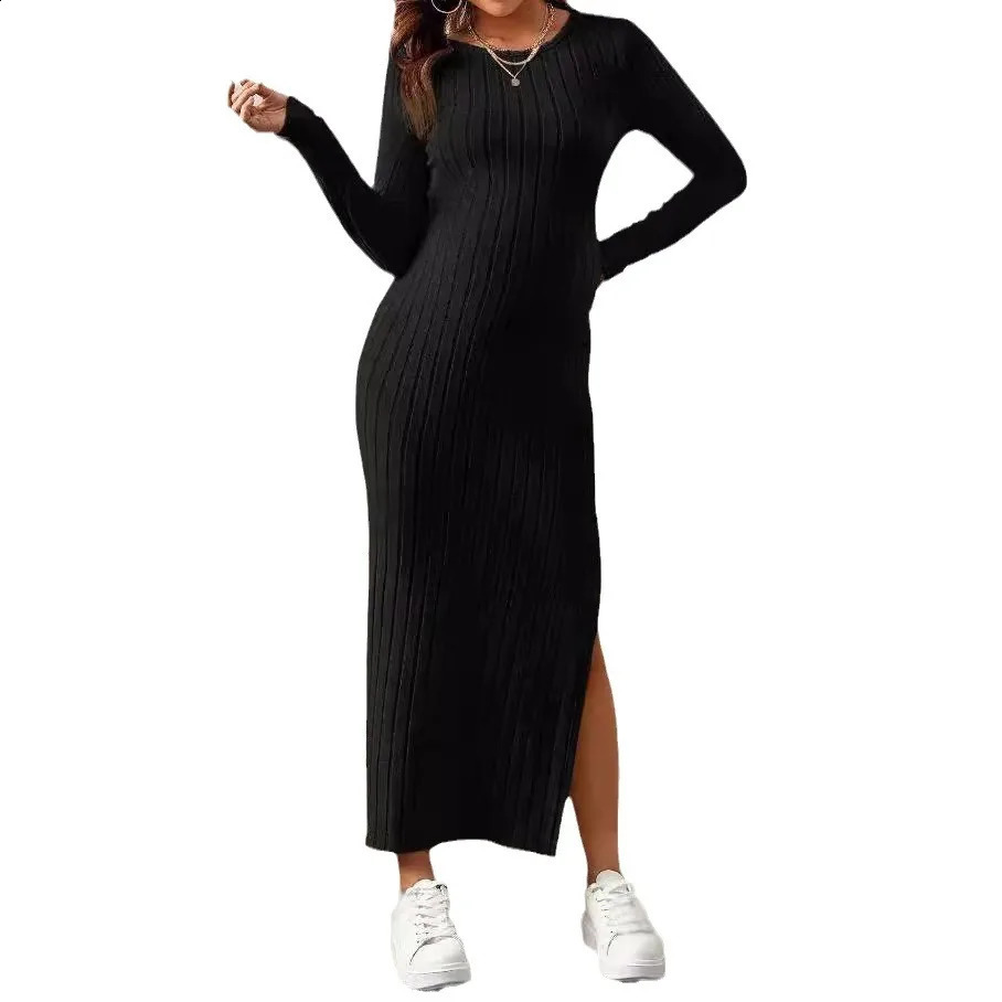 Side Splits A Line Slim Knitted Dress Maternity Autumn Winter American Casual Long Sleeve Clothes for Pregnant Women Pregnancy 241223