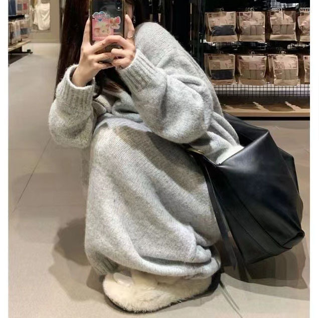 DB30 Mint Green Lazy Style Loose V-neck Knitted Sweater Dress Autumn and Winter French Knitted Bottom Dress