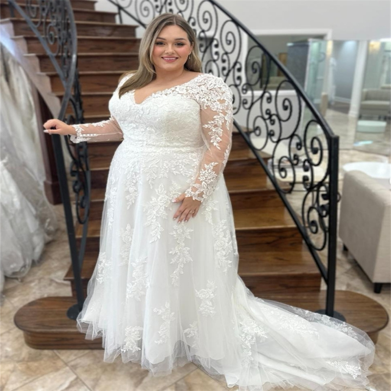 Plus Size Lace Wedding Dress V Neck Long Sleeve Country Bridal Dress Large Rustic Civil Boho A Line Bride Dress Tulle Romantic Vestio De Novias 2025 R