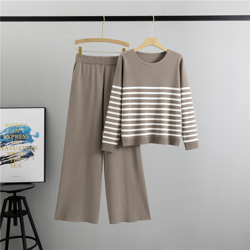 Knitted Suit Striped Tops Wide Leg Knit Pantst Waist Loose 2-Piece Set New In Autumn Winter Casual Clothes For Women