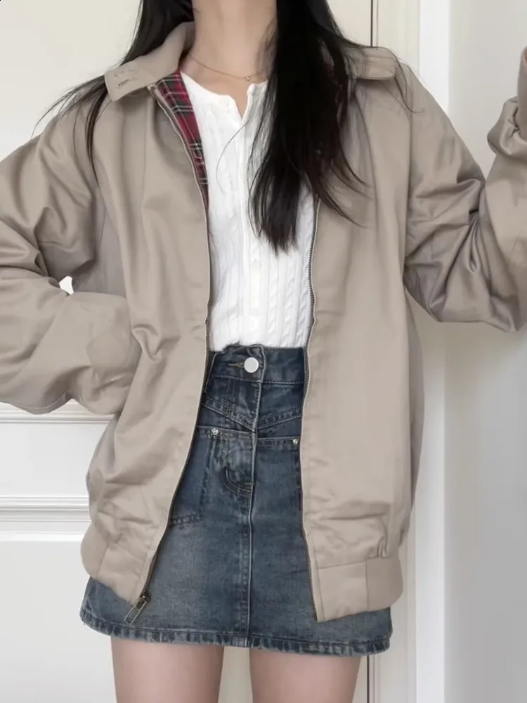 Casual Women Red Checkered Lining Jacket Coats Fall Retro Stand Collar Long Sleeves Solid Color Jakcets Female Chic Outwear 241223