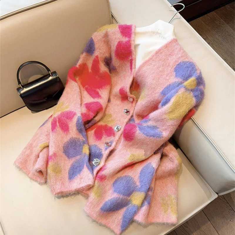 Dopamine soft and sweet pink flower jacquard sweater jacket womens autumn and winter lazy style knitted cardigan top 241223